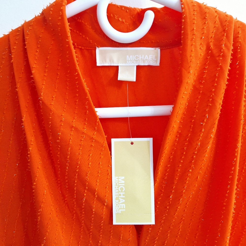 Michael Kors Women's Pinstripe Crepe Pleated Top, Optic Orange Size M